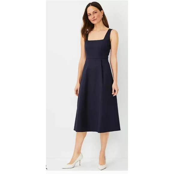 Ann Taylor Square Neck Midi Dress in Stretch Cotton in Navy 2P - Picture 1 of 6
